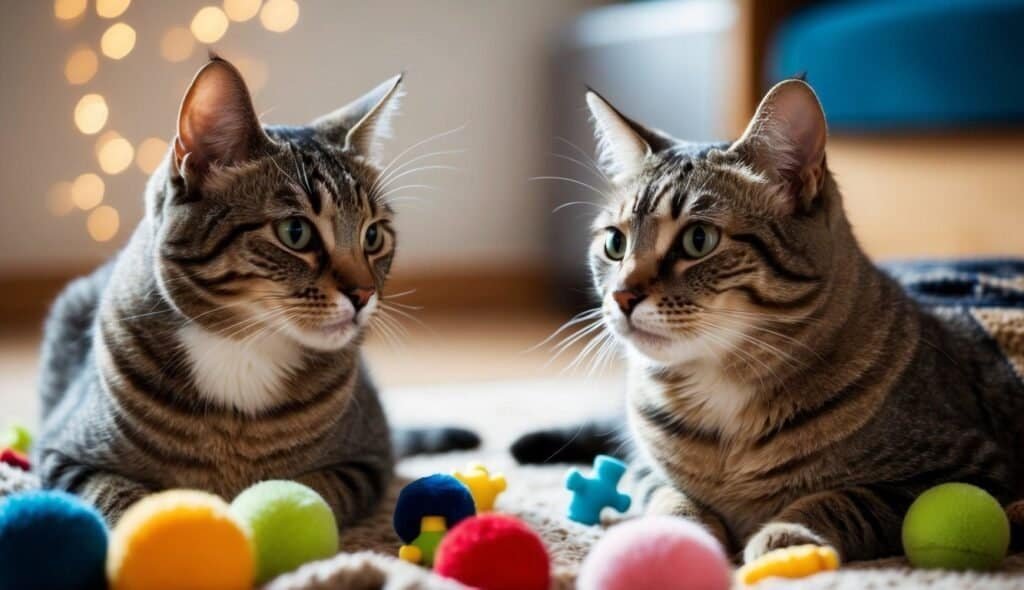 Two tabby cats with green eyes lie on a soft surface, surrounded by colorful pom-poms and small toys. Warm lighting and blurred twinkling lights create a cozy atmosphere, perfect for these feline frenemies to reminisce about their playful encounters with other cats.