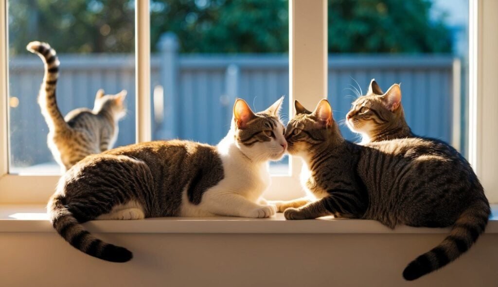 Four tabby cats are lounging on a sunlit windowsill. Two feline frenemies are cuddled together in the foreground, while the other two sit apart, gazing outside. The warm sunlight highlights their fur, creating a cozy and peaceful atmosphere. Cats remember these tranquil moments fondly.