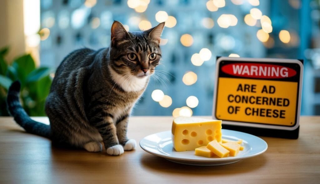 A cat sits beside a plate of Swiss cheese chunks on a table, pondering its dairy dilemma. A humorous sign next to the feline reads, 