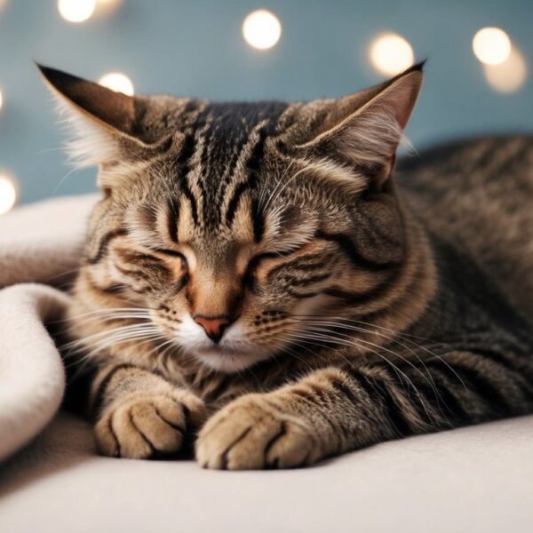 A tabby cat with closed eyes rests peacefully on a soft, light-colored blanket. The background is softly lit with unfocused, warm string lights creating a cozy ambiance. Decoding this tranquil scene reveals feline signals of contentment, as the cat looks relaxed with its paws tucked under its body.