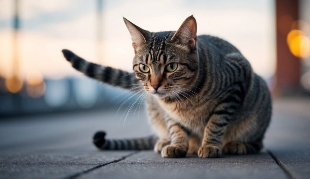 A close-up of a tabby cat with striking green eyes crouched on a wooden surface. The background is blurred, highlighting the cat's focused expression and the intricate pattern of its furâan excellent example of feline signals. The cat's tail is raised and slightly curled.