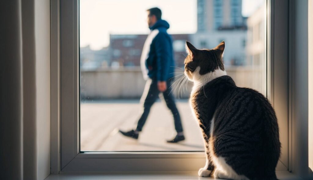 A cat sits on a windowsill, engaged in long-term pet recognition, gazing outside at a familiar person walking by. The background is a cityscape with blurred buildings, suggesting an urban environment. The sunlight casts a gentle glow on the scene.