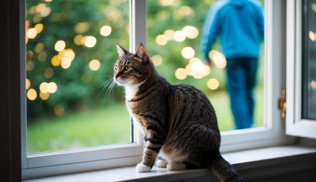 A tabby cat is sitting on a windowsill, gazing outside, its eyes reflecting its long-term pet recognition. In the background, blurred bokeh lights create a warm atmosphere, while a person in a blue jacket walks in the green garden. Cats remember people with amazing clarity over time.