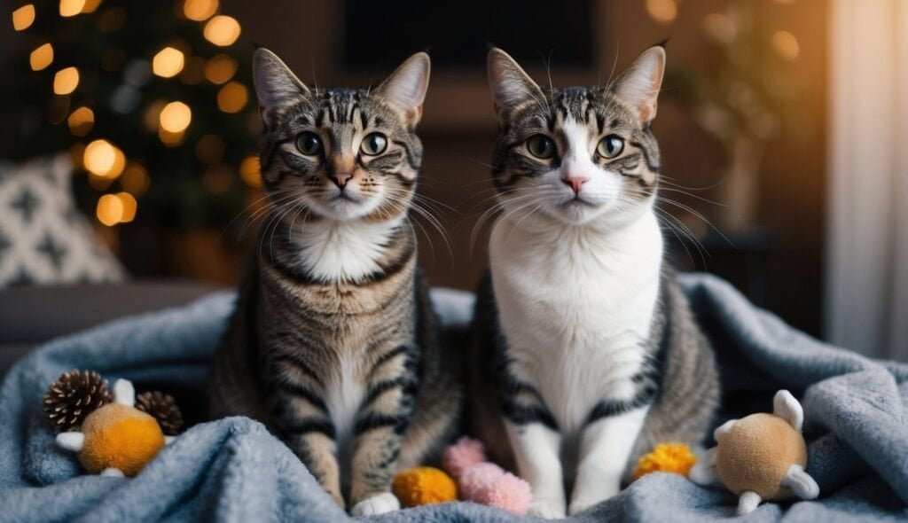 Two tabby cats with white bellies sit on a cozy gray blanket, surrounded by small toys. Warm lights twinkle in the background, creating a cozy atmosphere as these feline frenemies bask in the gentle glow.