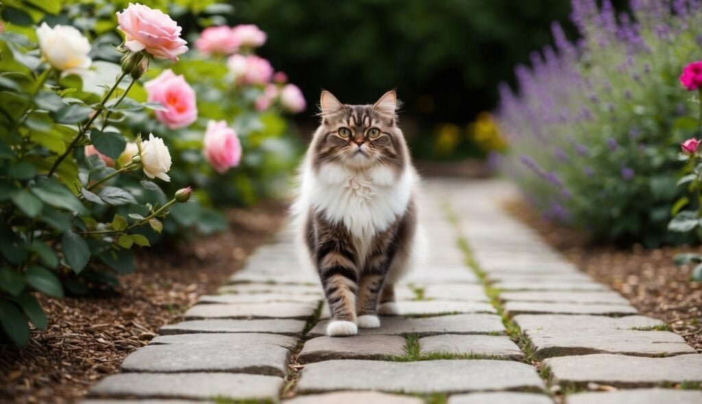 A fluffy tabby cat with a white chest and paws, perhaps named Whiskers or Paws, walks confidently down a stone path in a garden. The path is flanked by blooming pink roses on the left and purple flowers on the right. The background is lush and green.