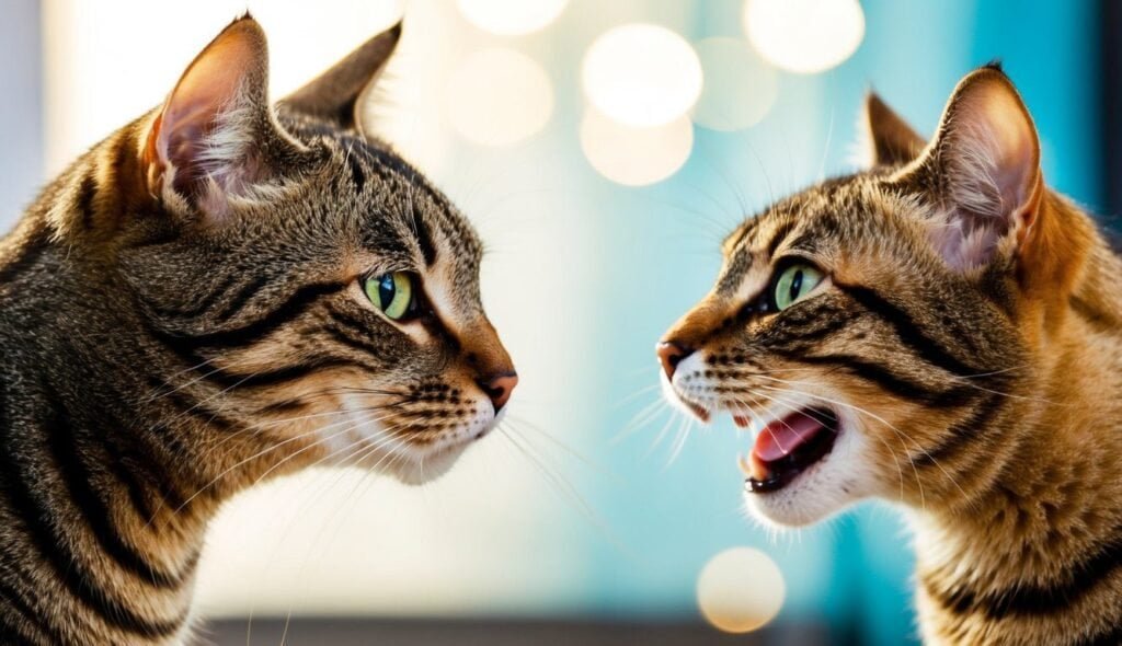 Two tabby cats face each other against a blurred blue background with bright bokeh lights. The cat on the right, mouth open in a comedic meow, displays its whiskers prominently, while the cat on the left looks calmly at the amusing scene.
