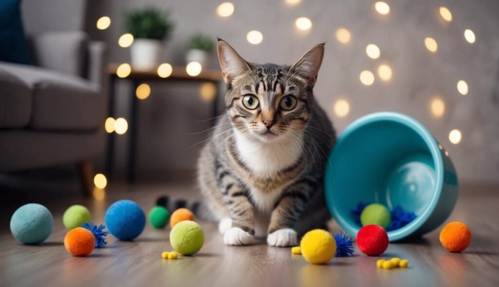A tabby cat with amusing facial expressions sits on a wooden floor surrounded by colorful balls and toys. An overturned blue bucket lies nearby. The background is softly lit with warm, glowing lights, highlighting its whiskers and creating a cozy atmosphere.