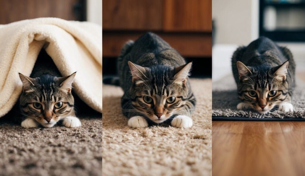 Three-panel image of a tabby cat. Left: Cat peeking from under a blanket on carpet. Middle: Cat with a focused stare, engaging in its fuzzy habit on the carpet. Right: Cat crouched on a wooden floor, eyeing something intently, as if unravelling a mystery.
