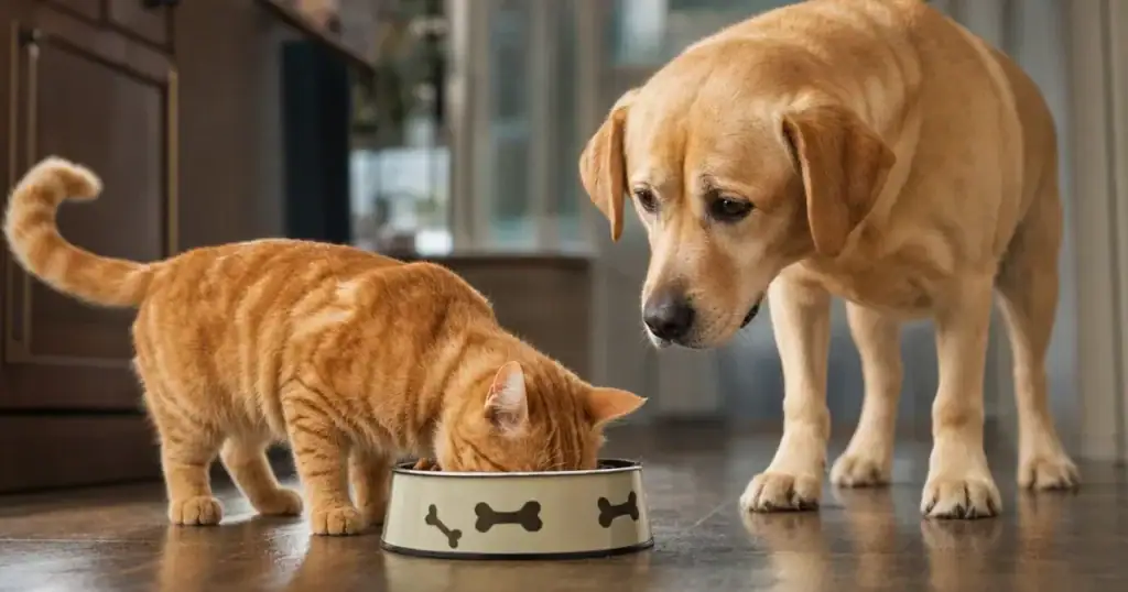 Cat eating dog food from a dog's bowl