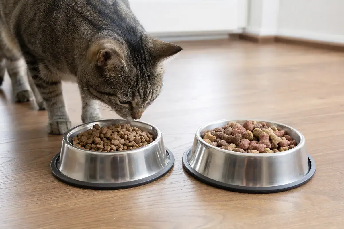 Difference between cat food and dog food shown in two bowls