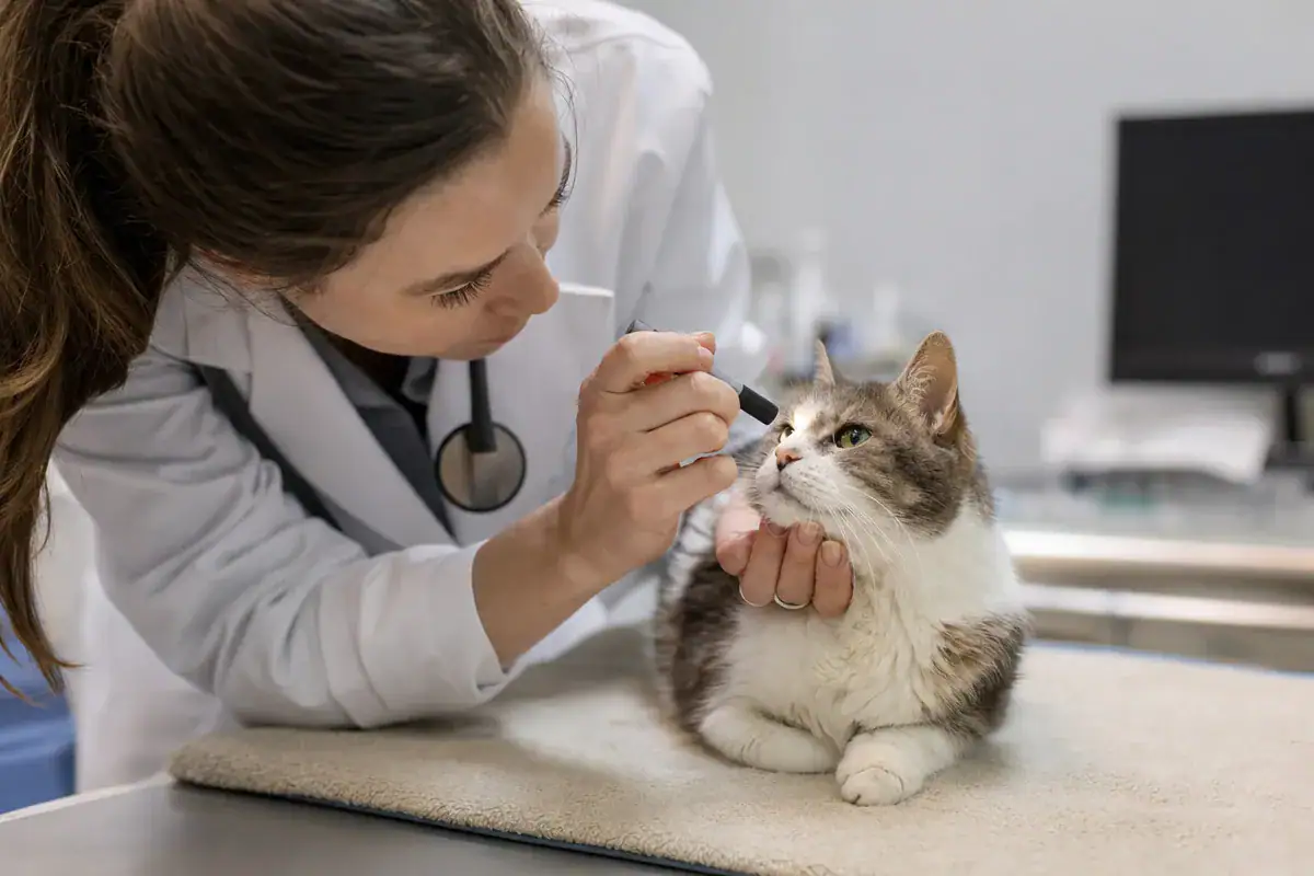 Vet checking a cat's eyes for problems caused by eating dog food long term