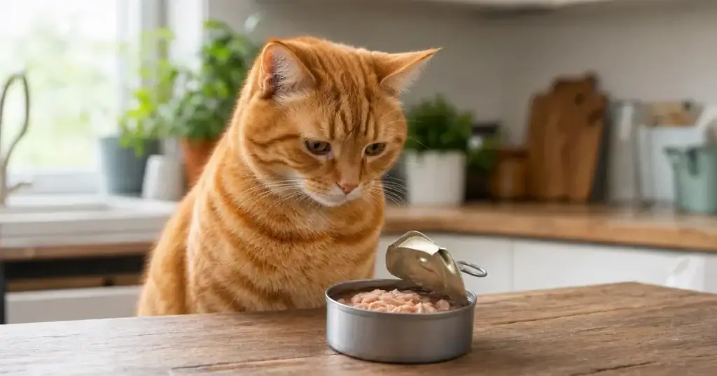 Cat looking at a tin of tuna, illustrating can cats eat tuna