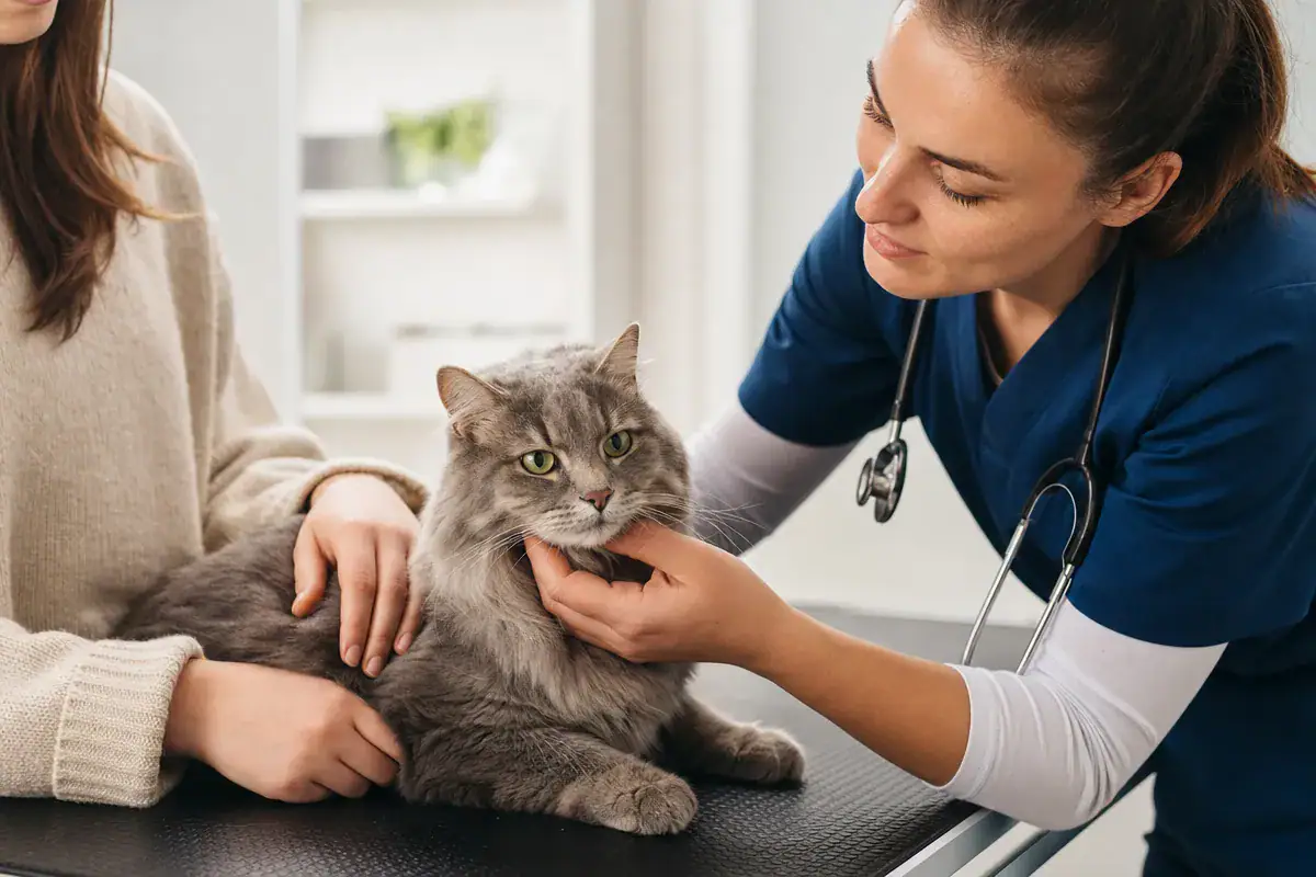 Vet checking a cat after eating tuna, when to seek advice