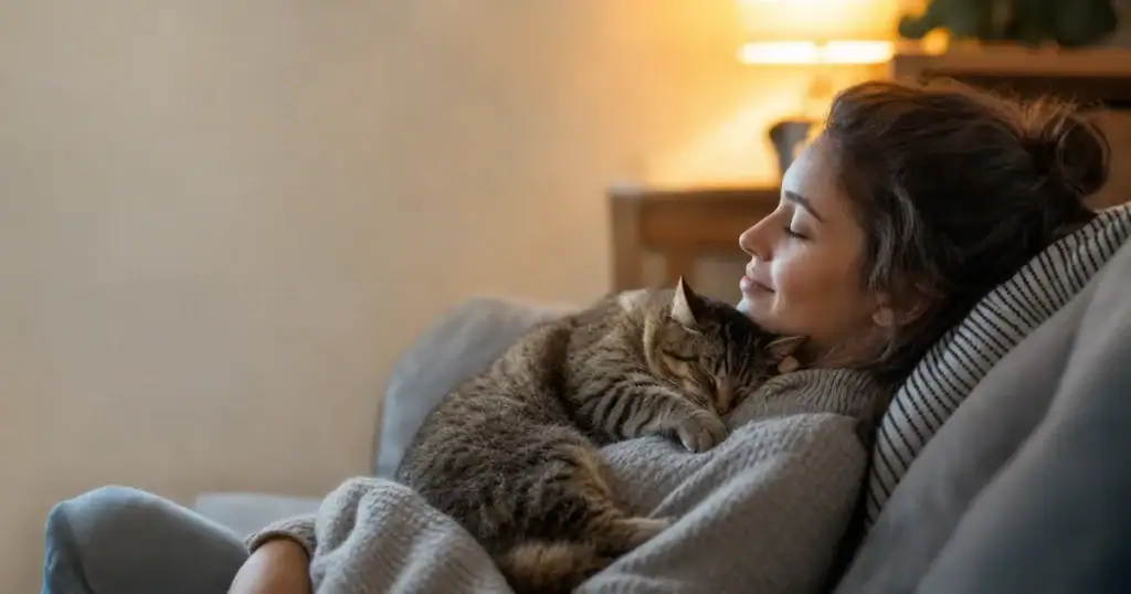Cat asleep on its owner's chest, showing why cats sleep on their humans