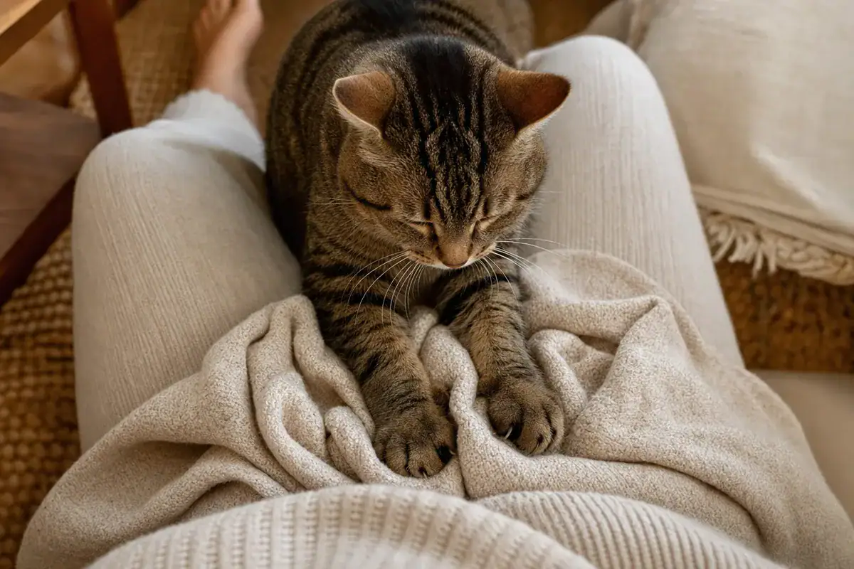 Cat kneading and settling to sleep on its owner's lap