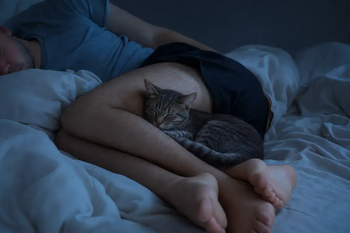 Cat sleeping between its owner's legs at night, a common cat sleeping spot